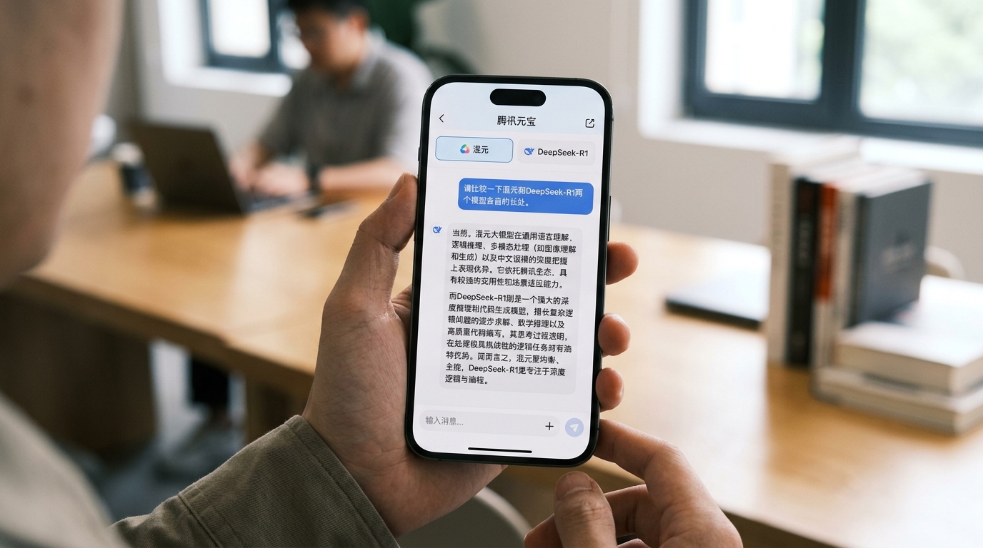元宝 AI 双模型切换界面:混元与 DeepSeek-R1